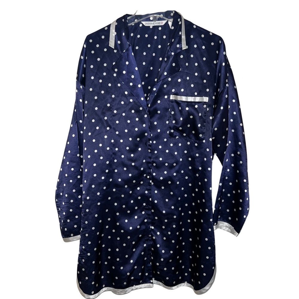 Victoria’s Secret Vintage Button Front Sleep Shirt Navy Polka Dotted Size Large